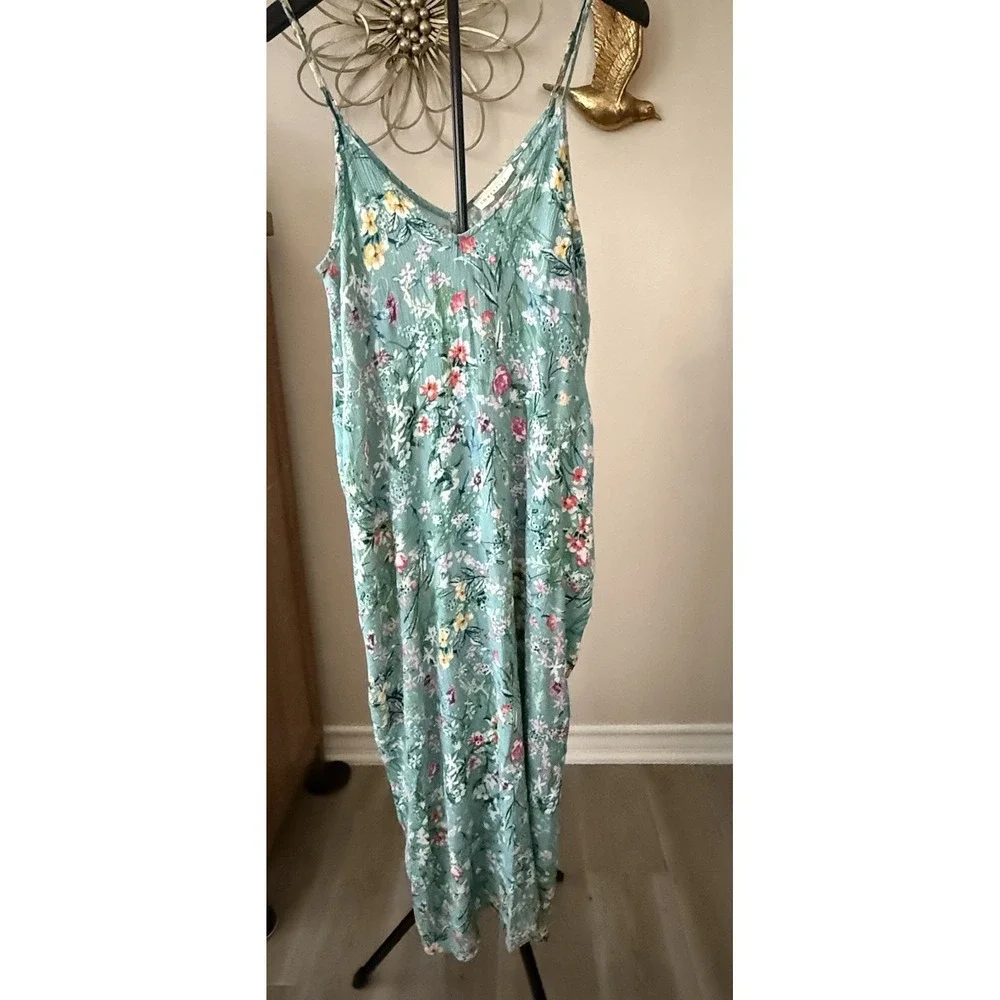 LoveStitch Floral Maxi Dress Womens S/M Boho Sleeveless‎ Green Rayon Pockets